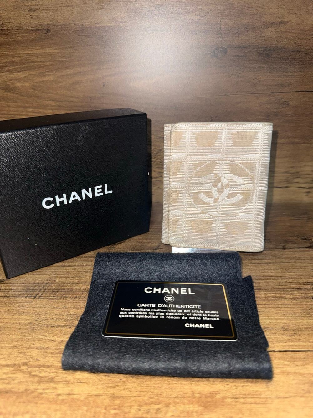 Chanel New Travel Line Beige Jacquard Folding Wallet with box, dust cloth, card.